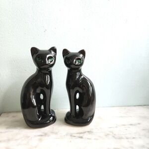 Vintage Pair Black Cat Figurine Green Eyes‎ Ceramic Taiwan Kitsch MCM Decor